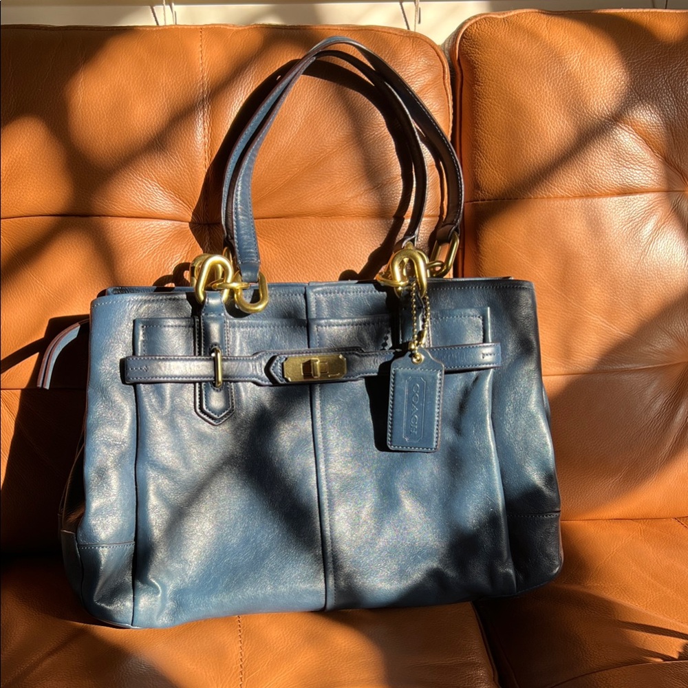 Coach Navy Leather Shoulder Bag with Gold Accents